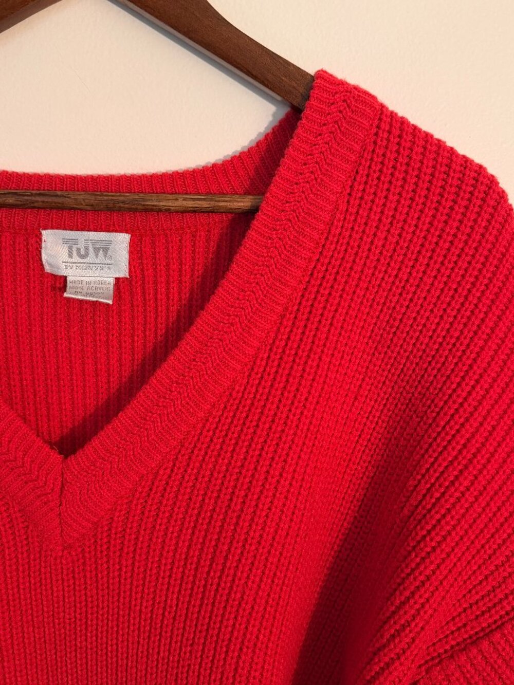 Vintage 90s TJW Red V-Neck Ribbed Sweater, Size L, Good Condition